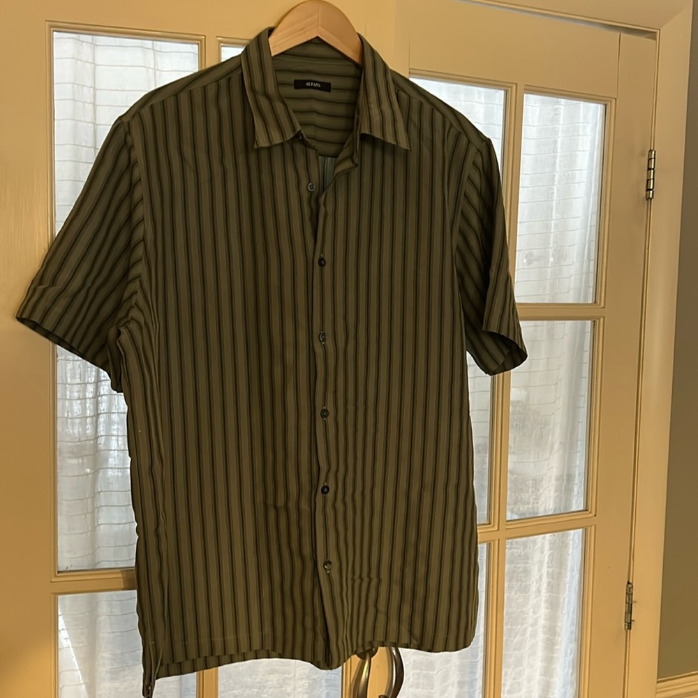 Alfani - Short-sleeved Green Striped Shirt - XL